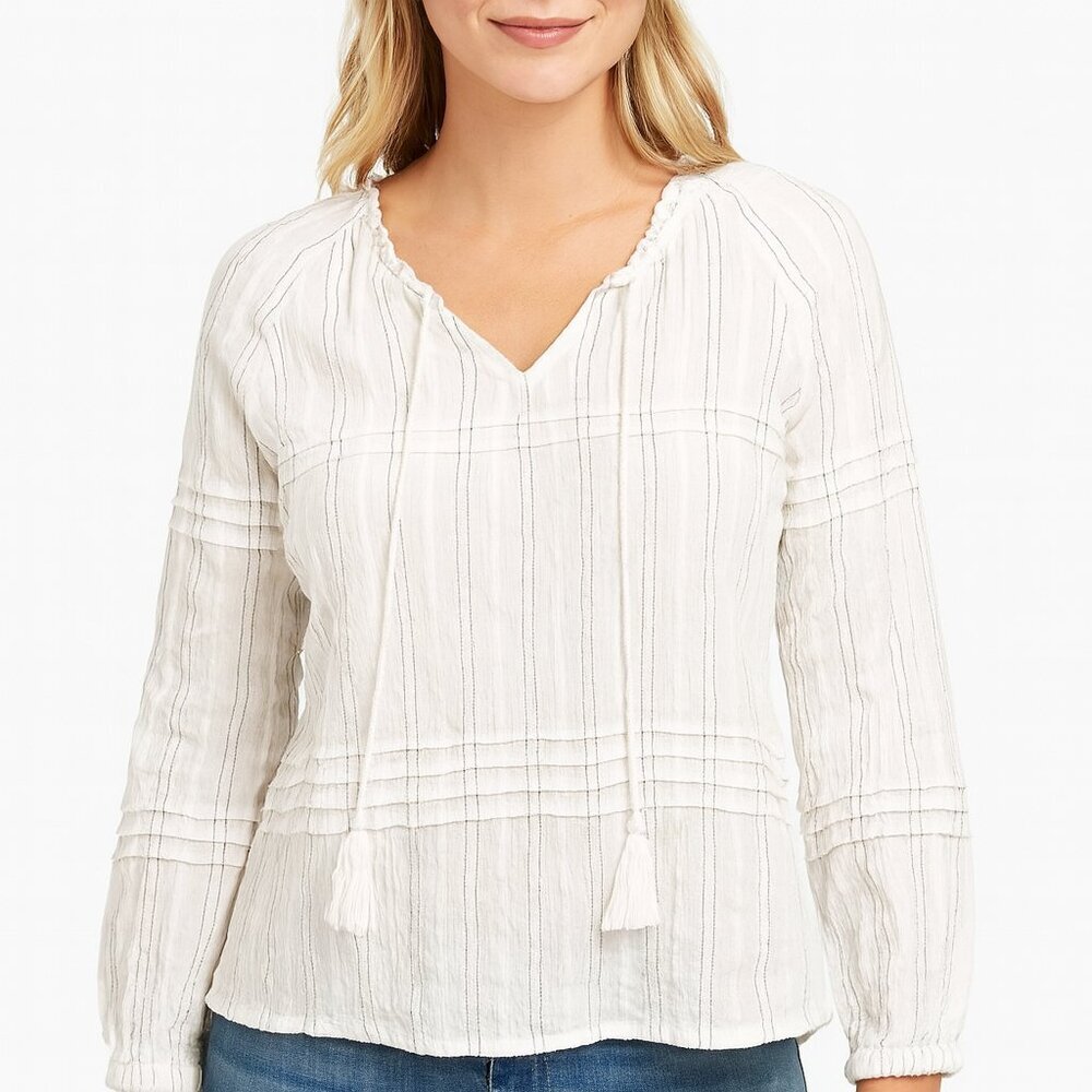 INC International Concepts White Peasant Blouse Tassel Tie Top Small